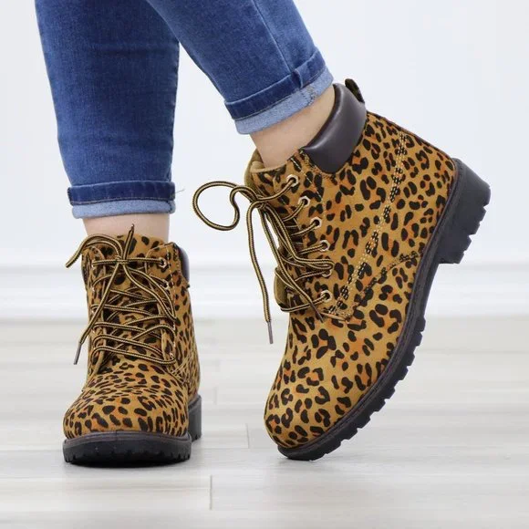 Women's Leopard Combat Lace-up Ankle Boots Low Heel Casual Short Booties - Picture 11 of 12